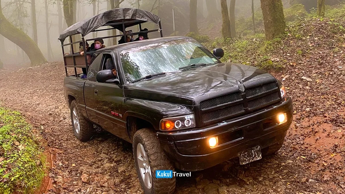 Camioneta 4x4 recorriendo un camino de terracería entre bosque y neblina en "El Cielo"